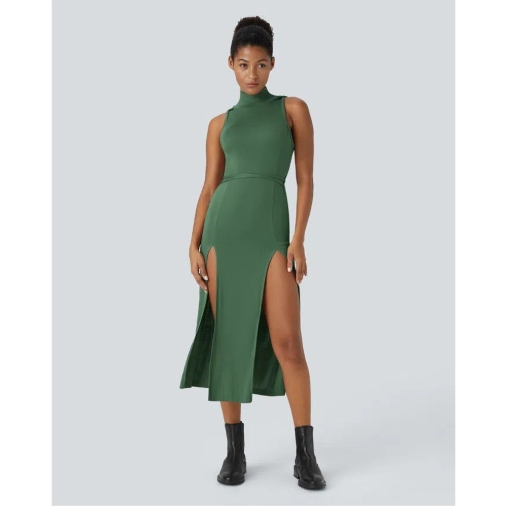 Halara Ribbed Hooded High Neck Sleeveless Cut‎ Out 2 Piece Midi Dress Green L